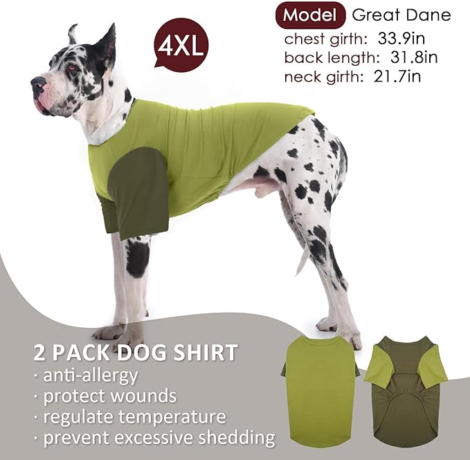 2 Pack Shirts for Large Dogs 4XL - Lightweight Breathable Dog Clothes, Prevent Overheating Summer Cool Tees for Doberman, Alaskan Malamute, Travel, Hiking, Beach, Lounge Wear, Sleep, Green