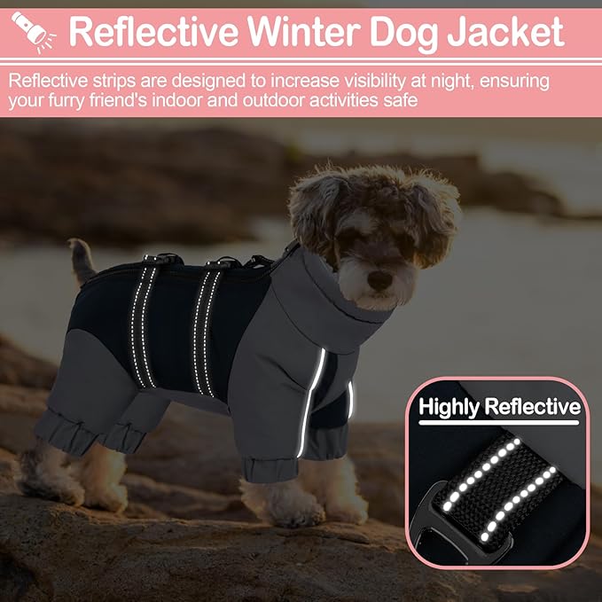 KOESON Four Legged Winter Dog Jacket with Adjustable Buckles, Turtleneck Windproof Fleece Jacket, Reflective Fullbody Puffer Coat Blue Grey XL