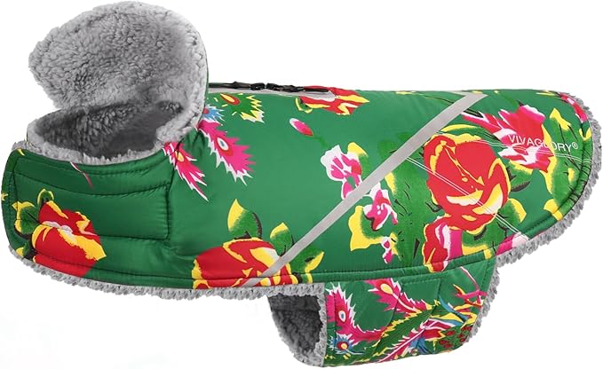 VIVAGLORY Snowrap Dog Coat, Jacket with Harness Hole & Velcro Closure, Dog Coat for Winter & Cold Weather, Fluffy Warm Fleece Lined Reflective Water Resistant for Puppy, M, Northeast Florals-Green