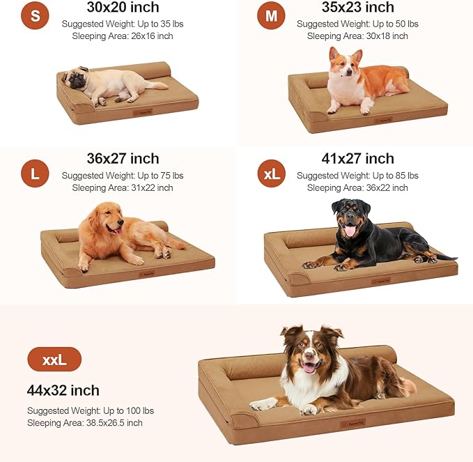 Orthopedic Dog Beds Large Sized Dog, Memory Foam Pet Bed for Medium and Large Dogs, Removable and Washable Microsuede Cover, TPU Waterproof Liner, Nonskid Bottom, 36x27x6 Inches, Khaki