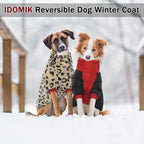 IDOMIK Reversible Dog Winter Coat, Thick Warm Dog Coat with Leopard Fleece Lining&Zipper, Adjustable High Collar Waterproof Jacket, Reflective Pet Cold Weather Coats for Large Dogs,Red,XL