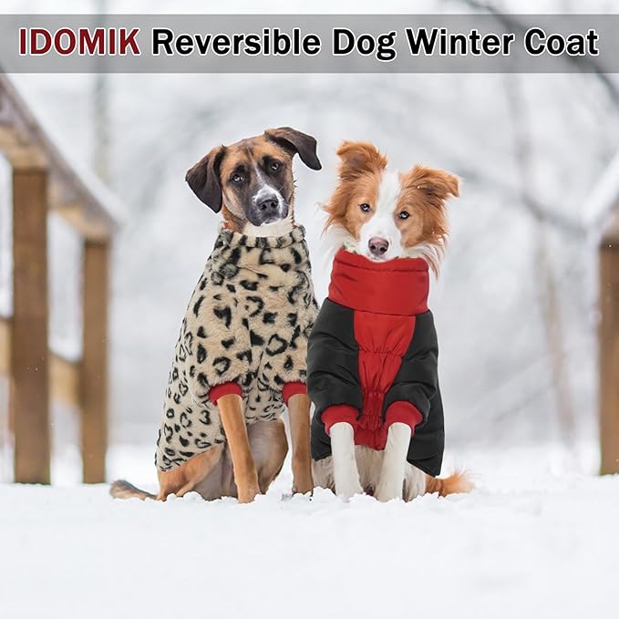 IDOMIK Reversible Dog Winter Coat, Thick Warm Dog Coat with Leopard Fleece Lining&Zipper, Adjustable High Collar Waterproof Jacket, Reflective Pet Cold Weather Coats for Large Dogs,Red,L