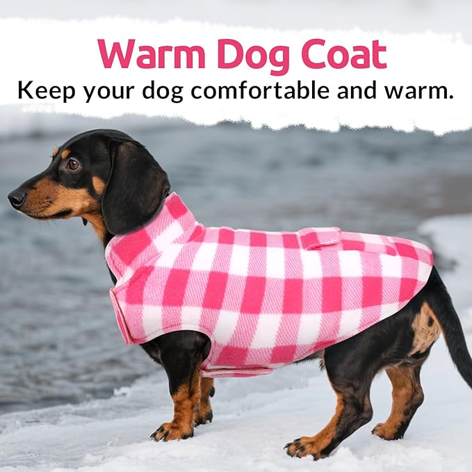 ASENKU Dog Winter Coat, Fleece Doggie Jacket Plaid Reversible Vest Waterproof Windproof Cold Weather Clothes for Small Medium Large Dogs (L, Pink)