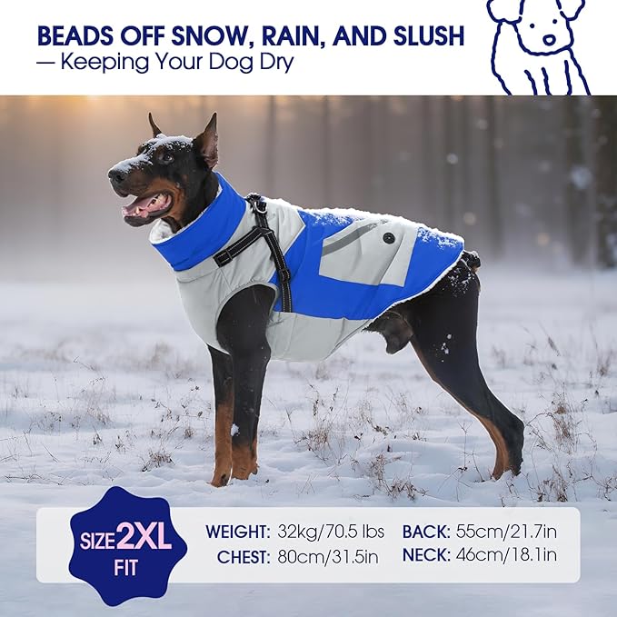 FUAMEY Dog Winter Jackets for Large Dogs,Dog Coat with Harness Built in,Waterproof Dogs Snowsuits Warm Pet Jacket Zip Up Fleece Cold Weather Coats Reflective Puppy Vest with Pocket Blue 3XL