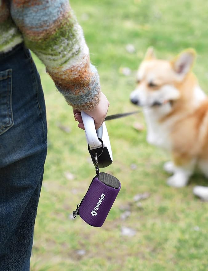 Gobeigo Dog Poop Bag Holder for Leash, Large Opening for Easy Pull Out, Doggy Poo Bag Dispenser with Used Waste Bag Carrier Suitable for Any Retractable Leash with 15 Unscented Bags (Purple)