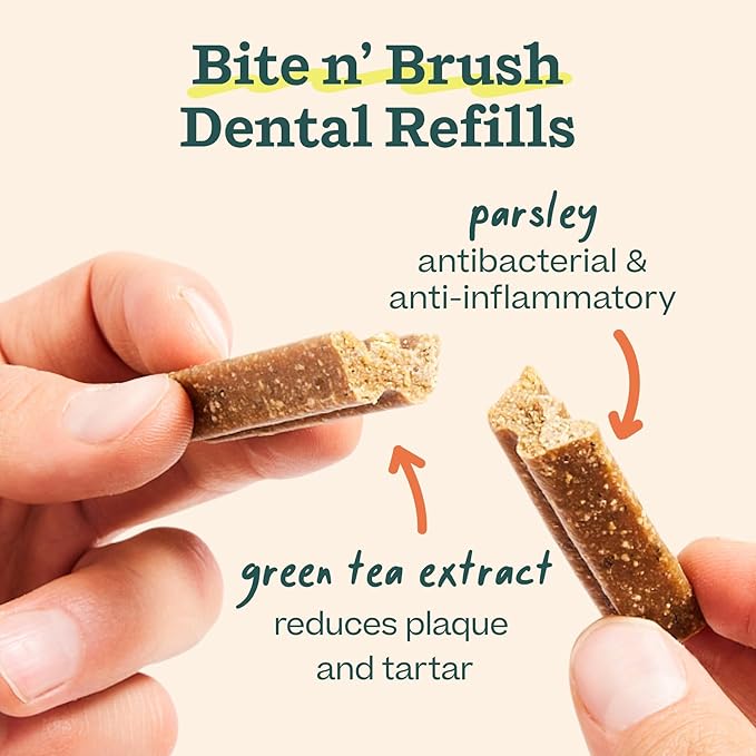 WOOF - Bite n' Brush Refills for The Dog Toothbrush Toy - Scrub Plaque and Tartar from Your Dog's Teeth and Mouth - Dog Dental Chew Toy Treats - Approximately 16 Refills - 2 Pack