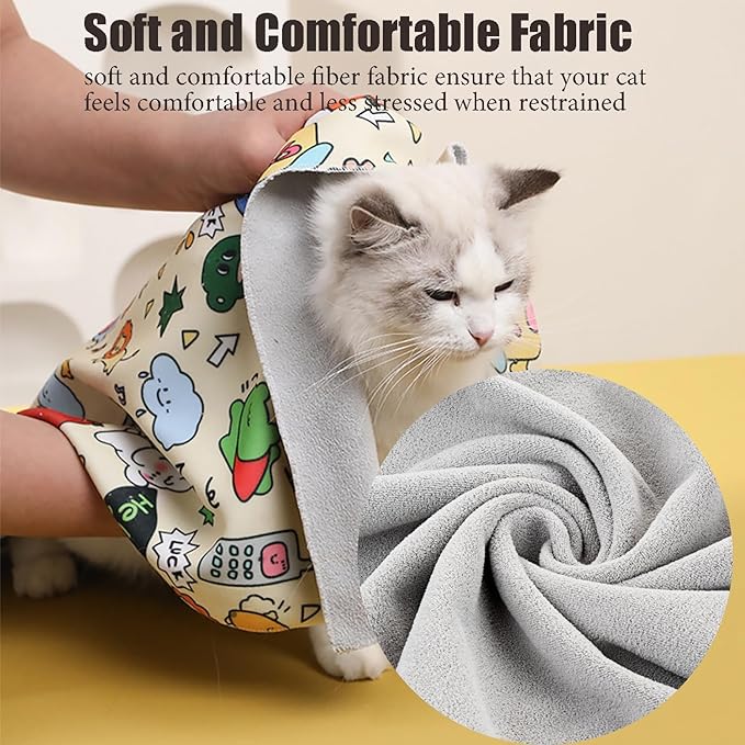 Cat Wrap for Cutting Nails, 27.6''x 27.6'' Self-Adherent Cat Grooming Wrap with Nail Clipper, Anti-Escape Calming Cat Swaddle Wrap for Medicine, Nail Clipping, Teeth Brushing, Ear Cleaning