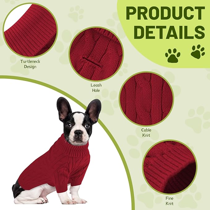 Small Dog Thermal Pullover Sweater, Classic Turtleneck Cable Knitwear Dog Clothes for Cold Weather Warm Pet Clothes for Chihuahua, Bulldog, Dachshund, Pug Red Medium