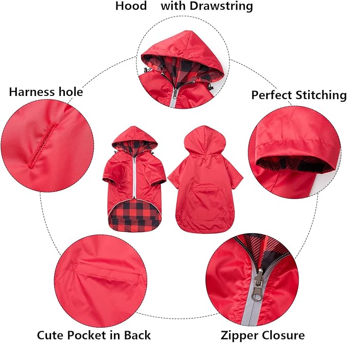 Dog Raincoat Dogs Waterproof Reversible rain Jacket Dog Small Medium Breeds Reflective Zipper Storage Pocket Harness Hole - Red - M