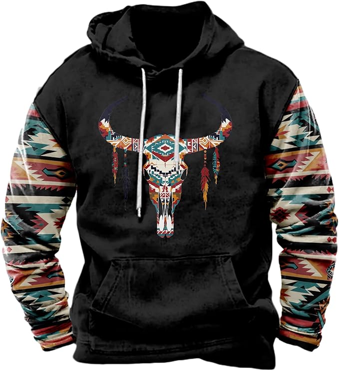 HOTYD Mens Western Aztec Sweatshirts Long Sleeve Fall Fashion Drawstring Pullover Vintage Graphic Cowboy Hoodie for Men