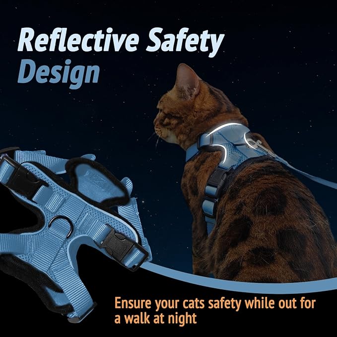 Cat Harness and Leash Set,Escape Proof Adjustable Cat Harness,Soft and Breathable Kitten Harness and Leash with Reflective Strips for Walking and Traveling(Light Blue, Small(8.9-16.6lb))