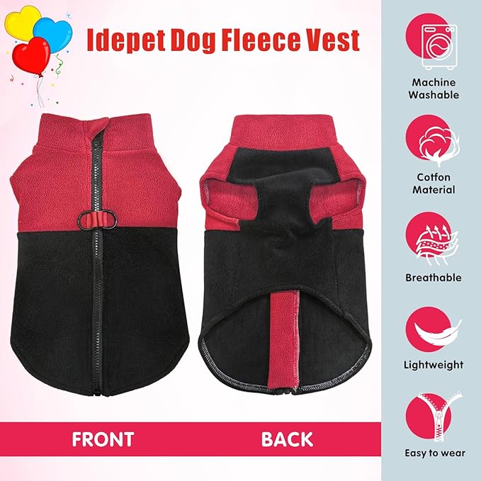 Idepet Dog Fleece Vest Sweater Zip Up Warm Pullover Dogs Jacket with D-Ring Leash Winter Cold Weater Coat Pet Sweatershirt Clothes Hoodie for Small Medium Dogs Boy Girl (Red/Black, XXL)