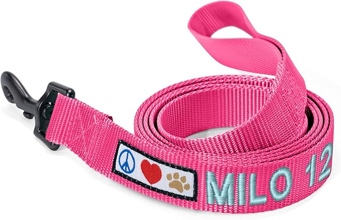 Pawtitas Personalized Dog Leash - Embroidered Custom Leash with Pet Name & Phone Number, 6 ft Long, Medium to Large, Pink