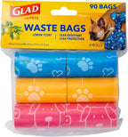 Glad for Pets Scented Waste Bags, Tear Resistant Pet Poop Pick-up Bags with Leak Protection, Lemon Scent, Multicolor Designs, 6 rolls, 90 bags total