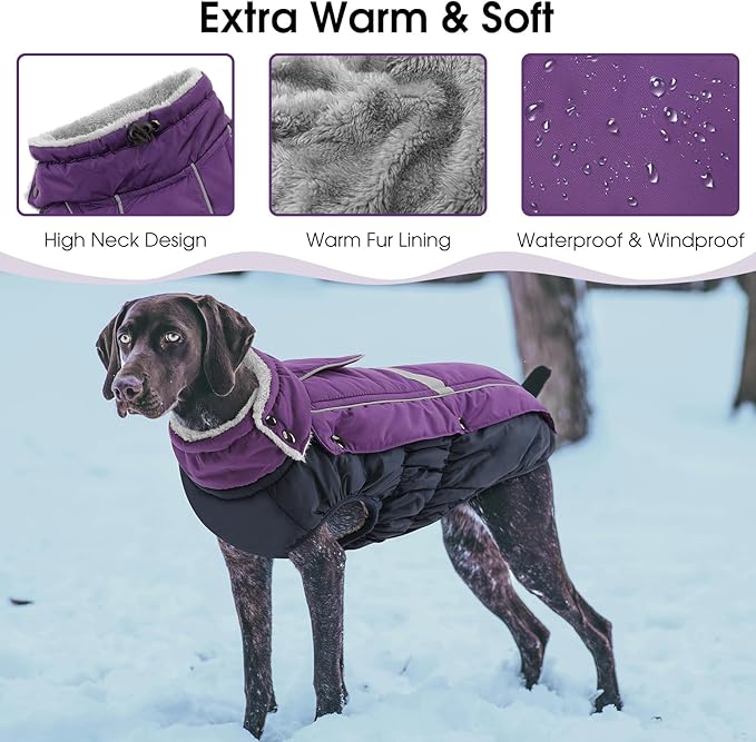 Queenmore Waterproof Dog Coat for Small Dogs,Reflective Windproof Dog Jackets with Leash Hole,Winter Dogs Coat with Zipper On Back,Warm Snowsuit with Fleece Lining（Purple,S