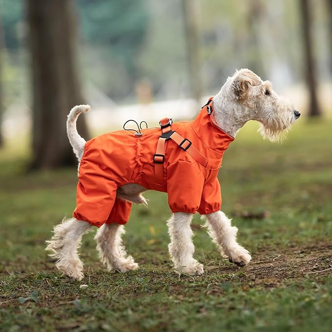 Mile High Life Waterproof Dog Raincoat, Full Coverage Small Dog Rain Coat with Harness, Adjustable 4 Legs Puppy Rain Jacket with Reflective Strip and Elastic Cuffs (Orange, M Back Length 14.6")