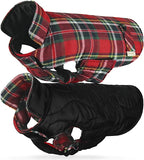 VIVAGLORY Softjoy Dog Coat, Dog Jacket for Winter & Christmas, Coat with Harness Hole & Velcro Closure, Reversible Plaid Checkered Warm Fluffy Heavy Duty for Puppy, XL, Red
