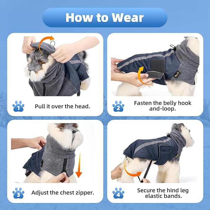 SlowTon Winter Dog Coat, Warm Polar Fleece Lining Doggie Outdoor Jacket with Turtleneck Scarf Reflective Stripe Adjustable Waterproof Windproof Puppy Vest Soft Pet Outfits (L,Dark Blue)
