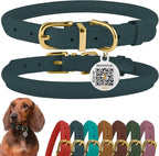 BronzeDog Rolled Leather Dog Collar with QR ID Tag, Adjustable Soft Round Collars for Small Medium Large Dogs Puppy (9" - 11" Neck Size, Denim)