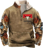 HOTYD Western Jackets for Men Cowboy Sweatshirts Vintage Ethnic Graphic Casual Long Sleeve Top 1/4 Zip Pullover Hoodies