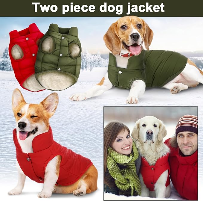 Syhood 2 Pieces Dog Jacket 2 Layers Fleece Lined Dog Jacket Warm Soft Windproof Small Pet Coat for Cold Winter Weather (L,Red,Green)