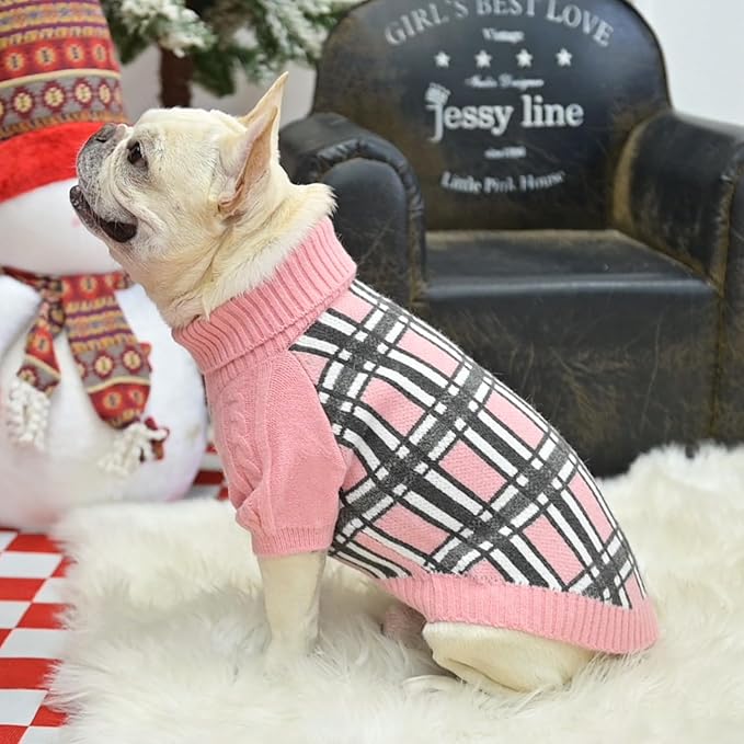 SCENEREAL Turtleneck Dog Sweater for Small Medium Large Dogs Girls Boys, Christmas Plaid Pullover Puppy Sweatershirt, Dogs Cold Weather Outfit Clothes, Ideal Gift for Pet in New Year, Pink Plaid XS