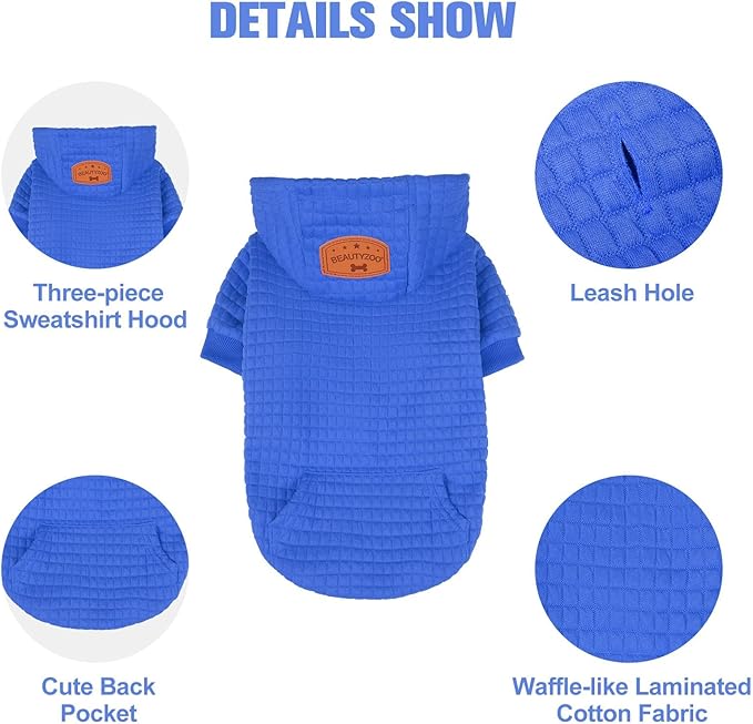 BEAUTYZOO Medium Dog Hoodie Sweater with Pockets, Dog Clothes for Small Medium Dogs Boy Girl, Waffle-Like Laminated Cotton Pet Coats with Hat and Leash Hole, Blue XL