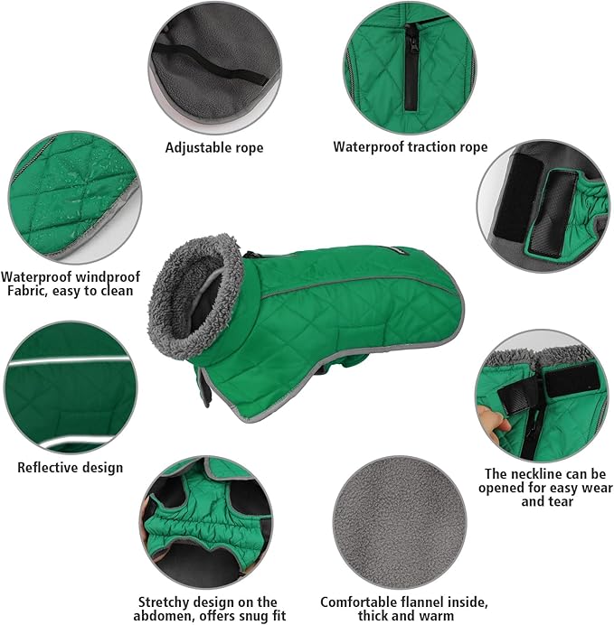 Fragralley Dog Coat Large, Waterproof Dog Jacket with Warm Fleece Lining, Adjustable Reflective Dogs Winter Coat, Turtleneck Pet Coats for Cold Weather (Green L)