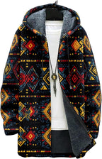 Mens Aztec Print Hoodie Heavyweight Cotton Fleece Jacket Zip Up Warm Long Sleeve Hooded Winter Midi Coat