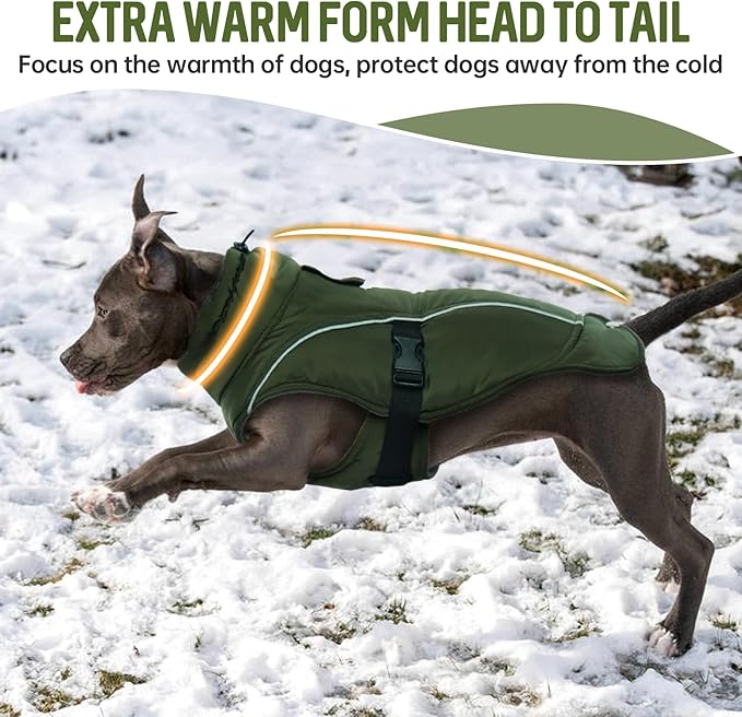 DENTRUN Large Dog Coat - Thick Fleece Lined Reflective Winter Jacket, Snap Closure & Leash Hole, Warm Thick Fleece Lined, Plush Turtleneck Vest for German Shepherd, Army Green, XXL
