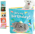 Cute Dog Birthday Toy Squeaky Snuffle Mat for Small Medium Dogs Interactive Plush Book Treat Puzzle for Puppy Crinkle Gifts (Blue)