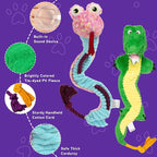 Crinkle Dog Toys Squeaky Plush No Stuffing Cute Puppy Stuffless Tough Rop Pull Toy, Fun Dog Stuffed Animals Durable Chew Set for Small Medium Large Pup (Large, Snake+Alligators)