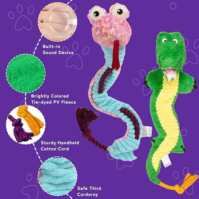 Crinkle Dog Toys Squeaky Plush No Stuffing Cute Puppy Stuffless Tough Rop Pull Toy, Fun Dog Stuffed Animals Durable Chew Set for Small Medium Large Pup (Large, Snake+Alligators)