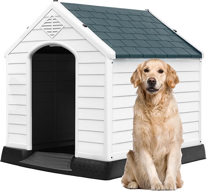 DWVO Plastic Dog House, Weatherproof Outdoor/Indoor Doghouse, Puppy Kennel with Air Vents and Elevated Floor