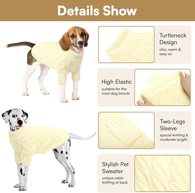 Queenmore Dog Sweaters for Large Dogs Girls Boys,Warm Pullover Extra Large Dog Sweater,Dogs Christmas Sweaters,Classic Turtleneck Thick Clothes for Extra Large Pets, Pitbull, Boxer(Beige,2XL)