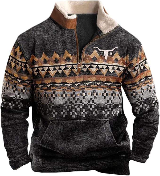 HOTYD Western Jackets for Men Cowboy Sweatshirts Vintage Ethnic Graphic Casual Long Sleeve Top 1/4 Zip Pullover Hoodies