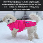 DJANGO Dog Jacket & Raincoat – Lightweight Water-Resistant Coat for Small, Medium & Long Dogs Like Dachshunds – Reflective, Adjustable Fit, Harness-Compatible & Easy-Access Harness Hole - Pink, Small