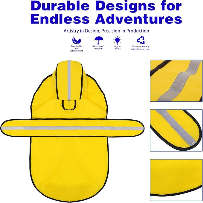 Paiaite Dog Raincoat: Hooded Slicker Poncho, Durable Waterproof Jacket with Reflective Stripes, Convenient Leash Hole, and Adjustable Fit, Perfect for Small, Medium, and Large Dogs Yellow XXL
