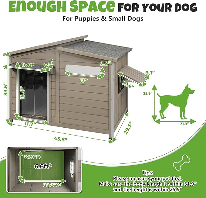 Large Outdoor Wooden Dog House, Weatherproof Dog Houses with Adjustable Vent Windows, Alloy Chew-Resistant Frame, Removable Floor for Medium & Large Dogs (43.5" L x 29.5" W x 33.5" H)