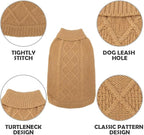 Mihachi Turtleneck Dog Sweater - Winter Coat Apparel Classic Cable Knit Clothes with Leash Hole for Cold Weather, Ideal Gift for Pet in New Year Khaki
