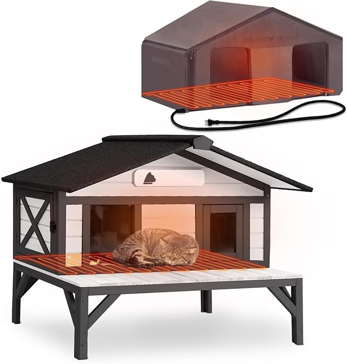 GUTINNEEN Heated Cat House for Outside Large Outdoor Cat House Insulated Weatherproof Feral Cat Shelter with Heating Pad, Insulated Thermal Liner, Chewproof Cable for 1-4 Cats, Winter-Ready (Black)