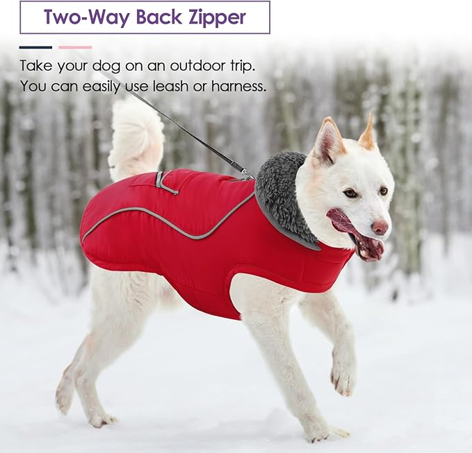 SUNFURA Large Dog Coat, Warm Dog Winter Coat Jacket with Thick Furry Collar, Adjustable Pet Fleece Jacket Turtleneck Snowsuit for Large Dogs for Chilly Day, Red XL