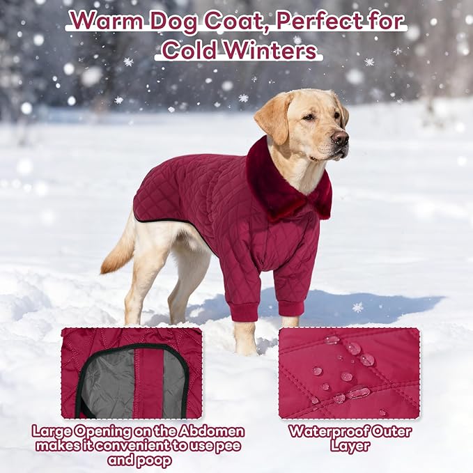 IDOMIK Dog Winter Coat for Large Dogs, Warm Dog Winter Jacket with Fleece High Collar, Zippered Cold Weather Coats for Dogs, Waterproof Doggy Snow Jacket Clothes,WineRed,L