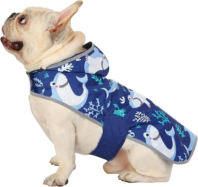 HDE Reversible Dog Raincoat Hooded Slicker Poncho Rain Coat Jacket for Small Medium Large Dogs Sharks - M