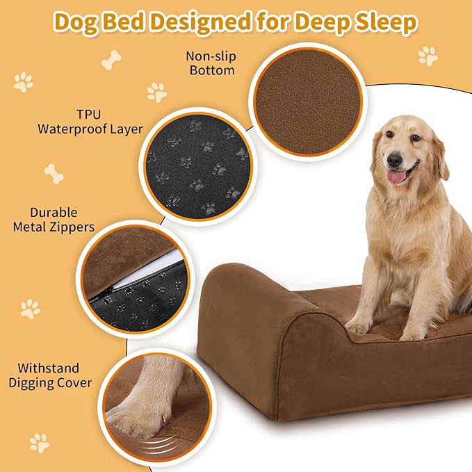 Orthopedic Dog Beds for Large Dogs, 7" Memory Foam Dog Beds with Waterproof Liner, Chew Proof Microsuede Cover, Removable and Washable, Nonskid Bottom, 60"x48"x7" XXL Chocolate
