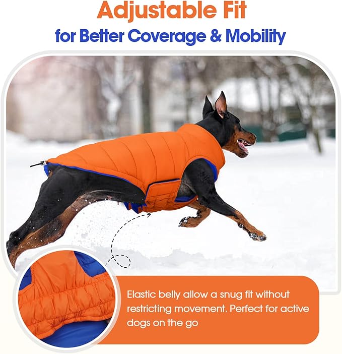 QBLEEV Reversible Dog Coat for Medium Dogs, Waterproof Windproof Winter Jacket Keeps Dogs Warm in Snow, Adjustable Hook & Loop Lightweight Dog Puffer Vest, Orange, L – Fits French Bulldog