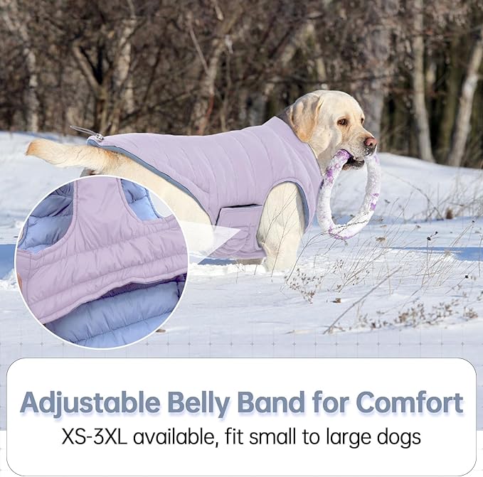 Lelepet Reversible Dog Coat Waterproof Dog Jacket Windproof Puffer Vest for Winter Warm Lightweight Coats for Medium Dogs Adjustbale Hook & Loop Pet Apparel with Leash Hole, French Bulldog, Purple L