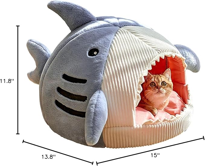 QWINEE Cat Mat Shark-Shaped Kennel Kitten Bed Hideout House Warm Soft Comfortable Semi-Closed Cat Dog Nest Blue S