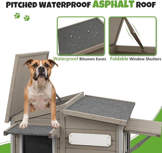 Large Outdoor Wooden Dog House, Weatherproof Dog Houses with Adjustable Vent Windows, Alloy Chew-Resistant Frame, Removable Floor for Medium & Large Dogs, (34" L x 22" W x 25.9" H)