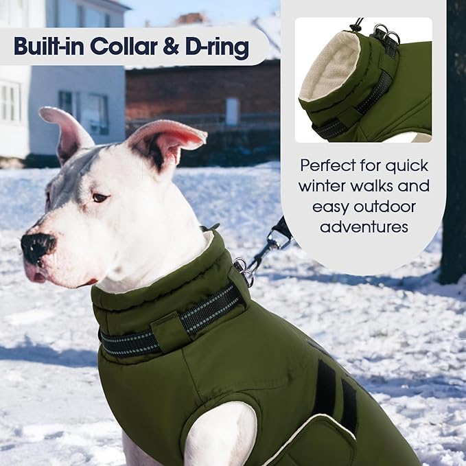 IECOii Dog Coats for Large Dogs Winter Waterproof Jacket with Collar Built in, XXL Dog Coat for Cold Weather Warm Snow Jacket with Thermal Fleece Lining, Reflective Pet Snowsuit Large,Army Green - 2XL